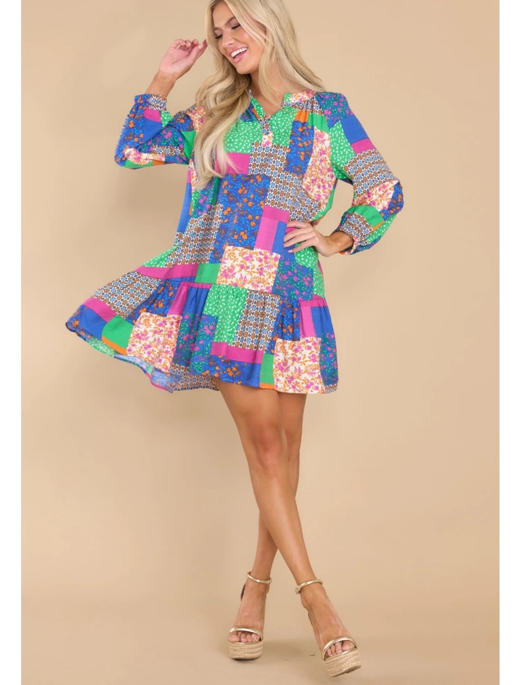 Red dress boutique Patchwork Floral Long-Sleeve Mini Dress - Green & Blue